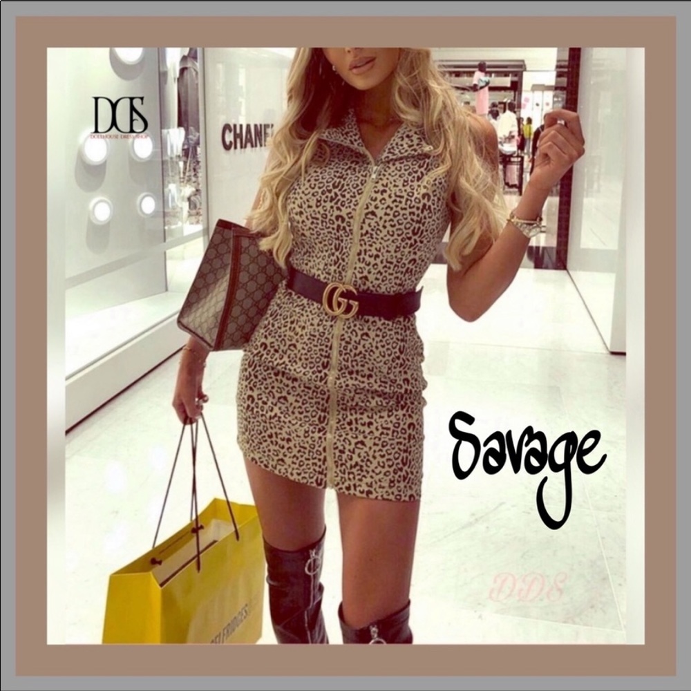 5 ⭐️ Savage - Denim Leopard Print Mini Dress